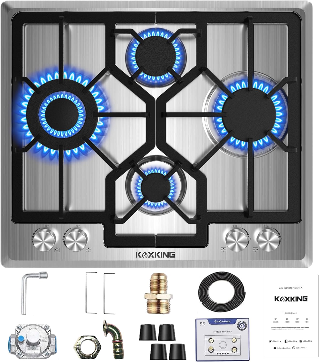 24 Inch Gas Cooktop DT4504 Built-in Stainless Steel 4 Burners Gas Stovetop  LPG/NG Convertible Gas Cooktop Dual Fuel Gas Hob