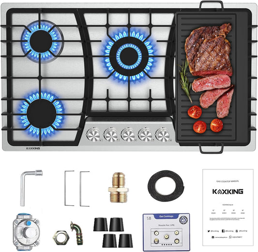 36 Inch Gas Cooktop with Griddle, Stainless Steel Gas Stove Top with 5 Burners