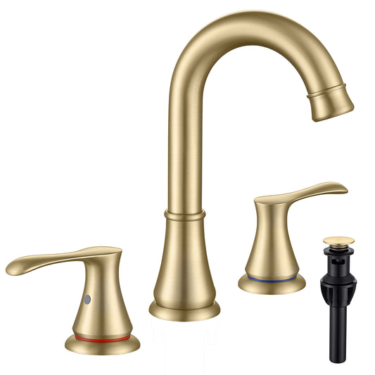 3 Hole Brushed Gold Bathroom Faucet With Pop Up Drain And CUPC Faucets Supply Hose