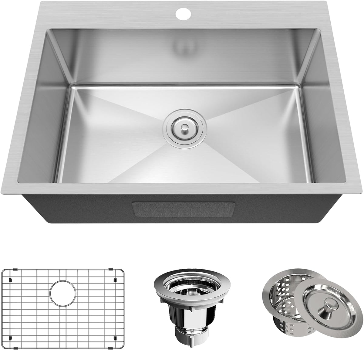 28 x 20 Inch Stainless Steel Single Bowl Drop In Kitchen Sink with Bottom Grid Drain Strainer Set