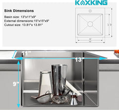 15 x 15 inch Stainless Steel Bar Sink, Drop-in Kitchen Sink with Strain & Bottom Grid