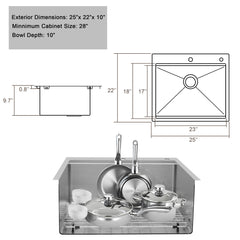 25 inch Drop-in Kitchen Sink Workstation, 18 Gauge Single Bowl Stainless Steel - 2522