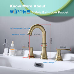 3 Hole Brushed Gold Bathroom Faucet With Pop Up Drain And CUPC Faucets Supply Hose