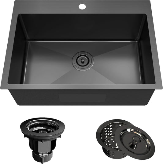 28 x 20 Inch Black Stainless Steel Single Bowl Drop In Kitchen Sink