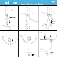 Black Single Hole Brass Bathroom Faucet with Pop Up Drain Assembly & Supply Hose