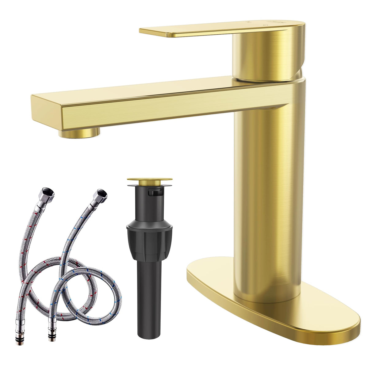 Brushed Gold Single Handle Bathroom Sink Faucet with Pop-up Drain and Water Supply Lines - GS100BG