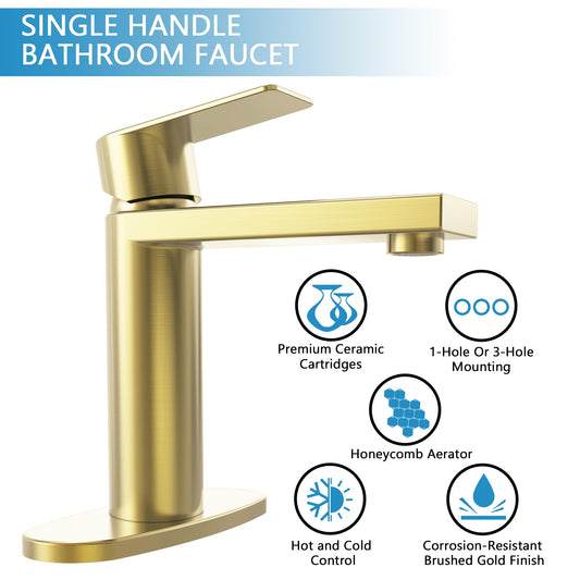 Brushed Gold Single Handle Bathroom Sink Faucet with Pop-up Drain and Water Supply Lines - GS100BG