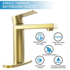 Brushed Gold Single Handle Bathroom Sink Faucet with Pop-up Drain and Water Supply Lines - GS100BG