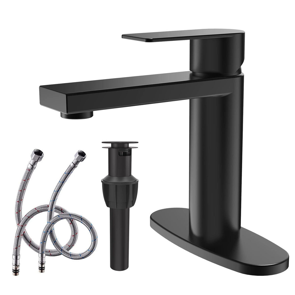 Matte Black Single Hole Bathroom Faucet, with Pop-Up Waste and Fixed Panel and Supply Pipe - GS100BK