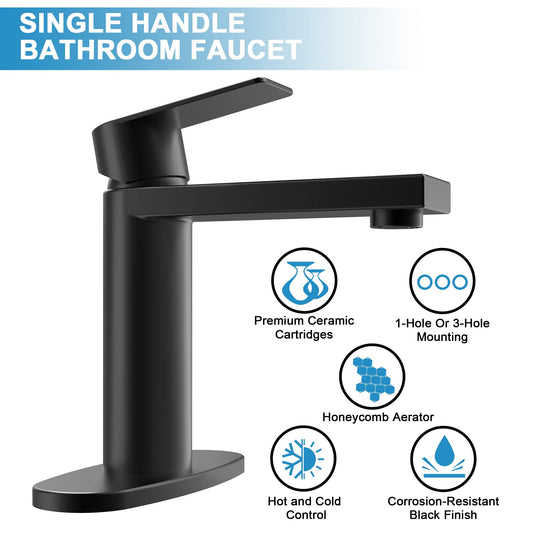 Matte Black Single Hole Bathroom Faucet, with Pop-Up Waste and Fixed Panel and Supply Pipe - GS100BK