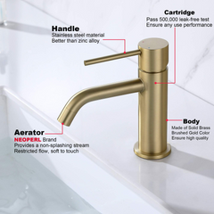 Brushed Gold Single Hole Brass Bathroom Faucet With Pop Up Drain Assembly & Supply Hose