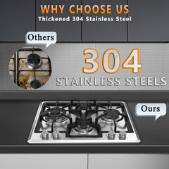 24 Inch 4 Burner Stainless Steel Gas Cooktop with Dual Size Power