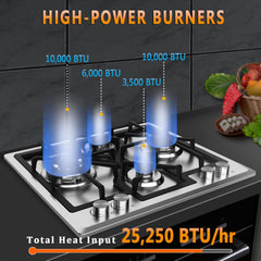 24 Inch 4 Burner Stainless Steel Gas Cooktop with Dual Size Power