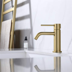 Brushed Gold Single Hole Brass Bathroom Faucet With Pop Up Drain Assembly & Supply Hose