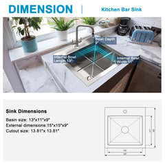 15 x 15 inch Undermount Bar or Prep Kitchen Sink, Single Bowl T-304 Stainless Steel Small Sink with Strain